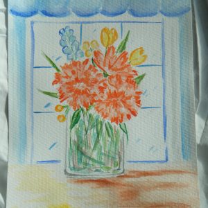 "Jarrón con claveles rojos y tulipanes amarillos", 26 x 36