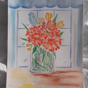 "Jarrón con claveles rojos y tulipanes amarillos", 26 x 36